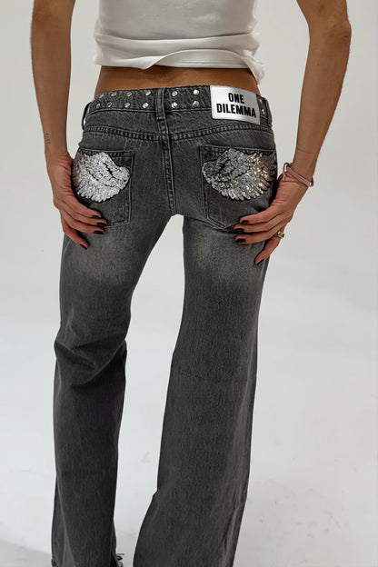 Butt Wing Sequin Straight Leg Jeans