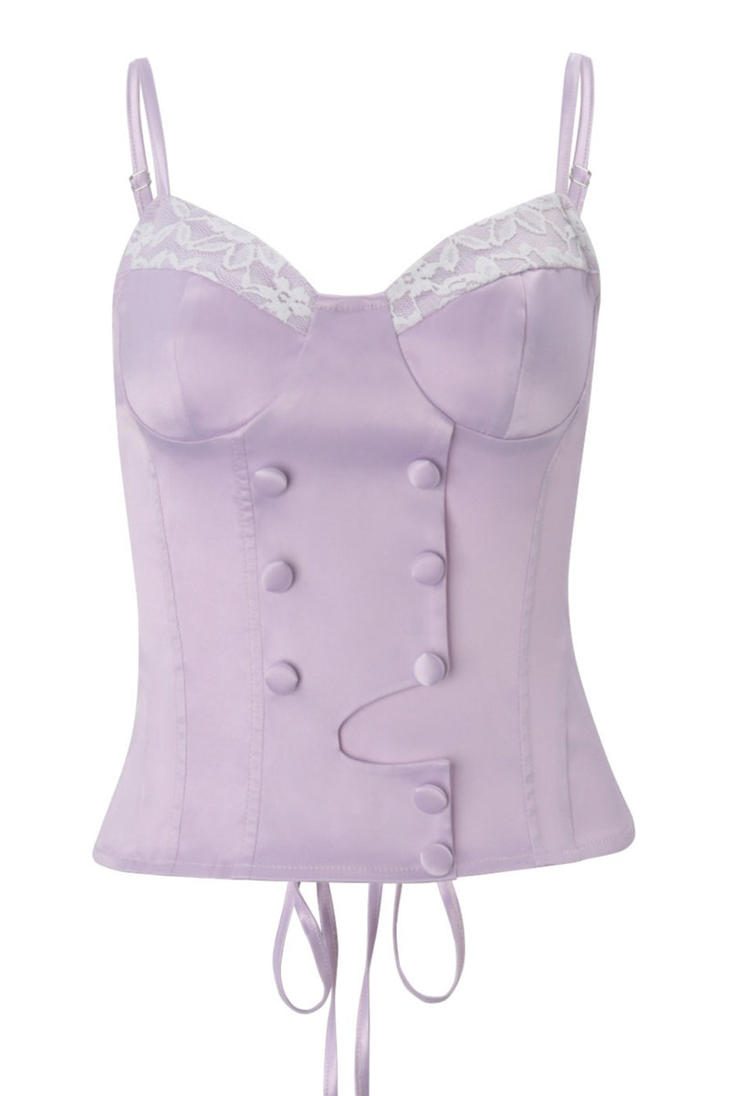 Button Detail Lace Satin Slim Cami Top