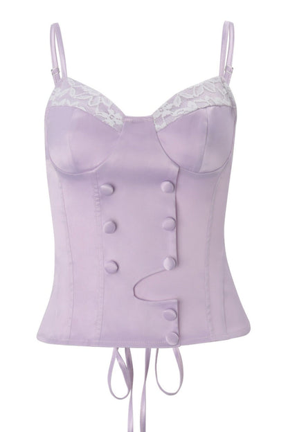 Button Detail Lace Satin Slim Cami Top