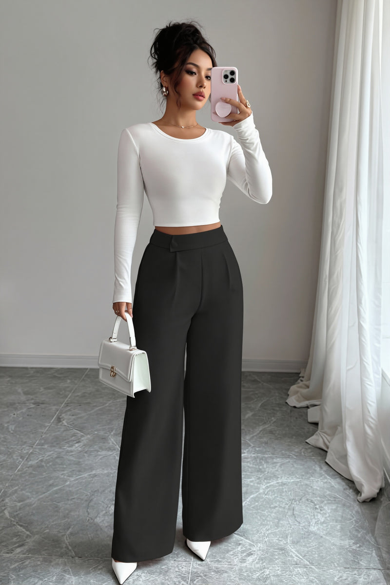 Button Waist Patchwork Wide Leg Pants