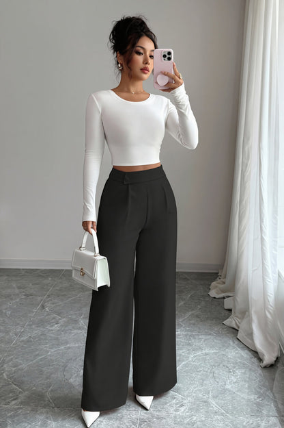 Button Waist Patchwork Wide Leg Pants