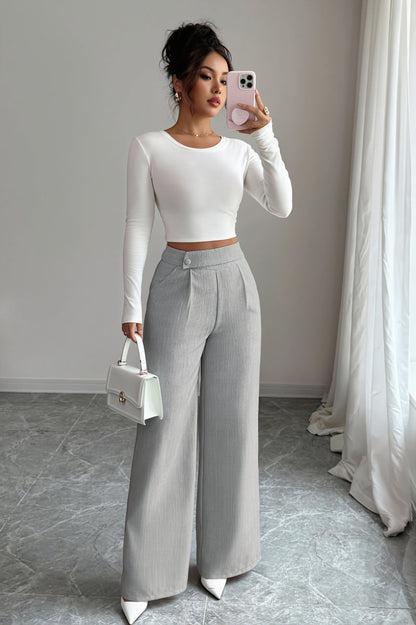 Button Waist Patchwork Wide Leg Pants