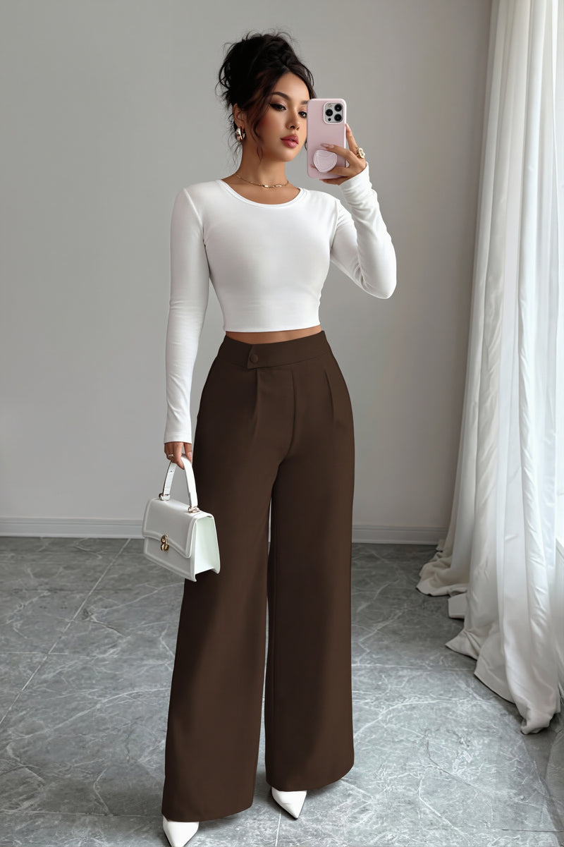 Button Waist Patchwork Wide Leg Pants
