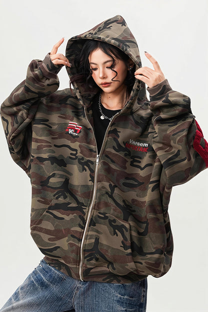 Camo Zip Oversized Street Hoodie