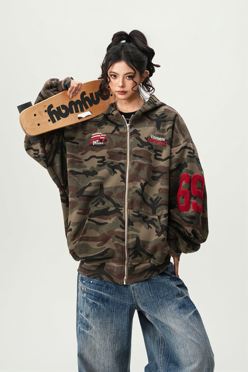 Camo Zip Oversized Street Hoodie
