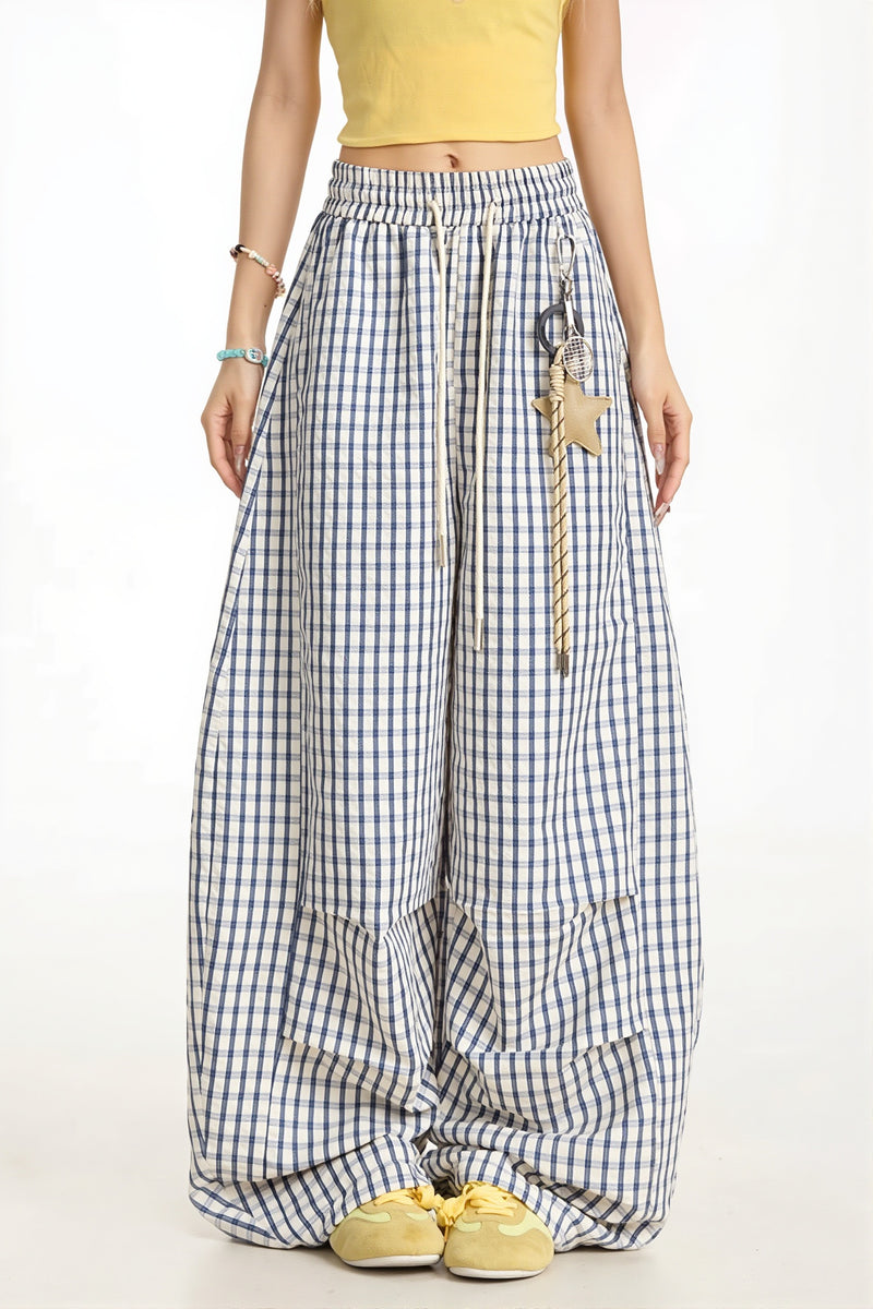 Casual Blue Plaid Curved Pants