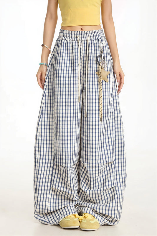 Casual Blue Plaid Curved Pants