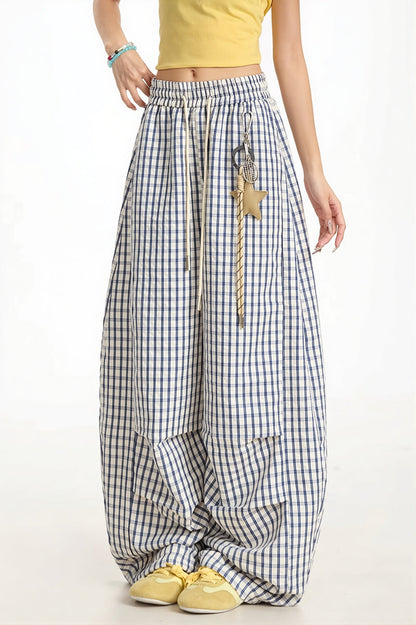 Casual Blue Plaid Curved Pants
