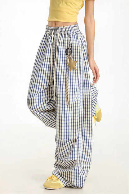 Casual Blue Plaid Curved Pants