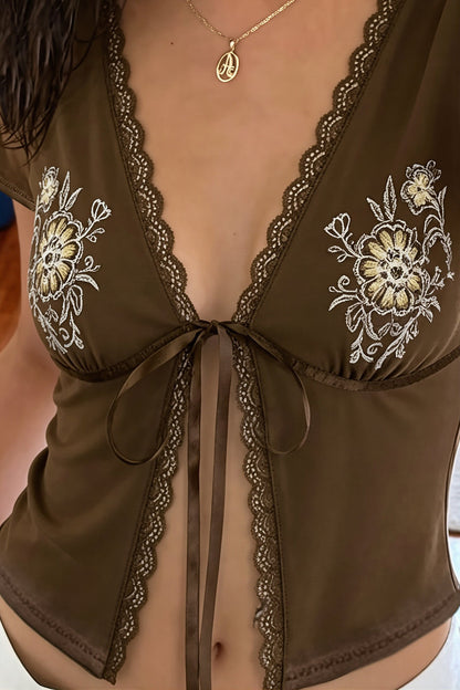 Casual Floral Lace Tie Short Sleeve Blouse