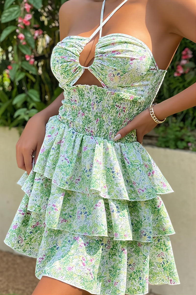 Casual Halter Floral Hollow Mini Dress