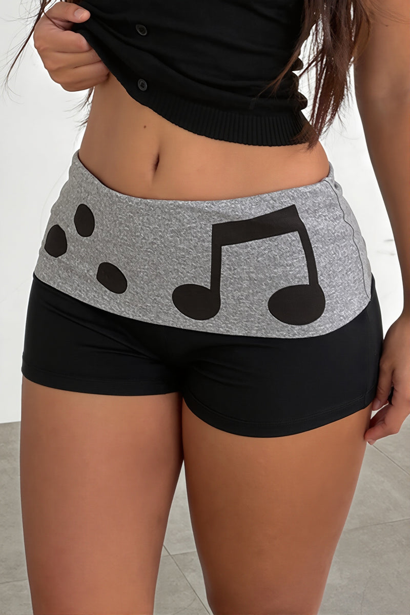 Casual Note Print Folded Waist Shorts