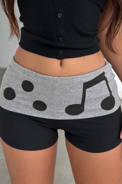 Casual Note Print Folded Waist Shorts
