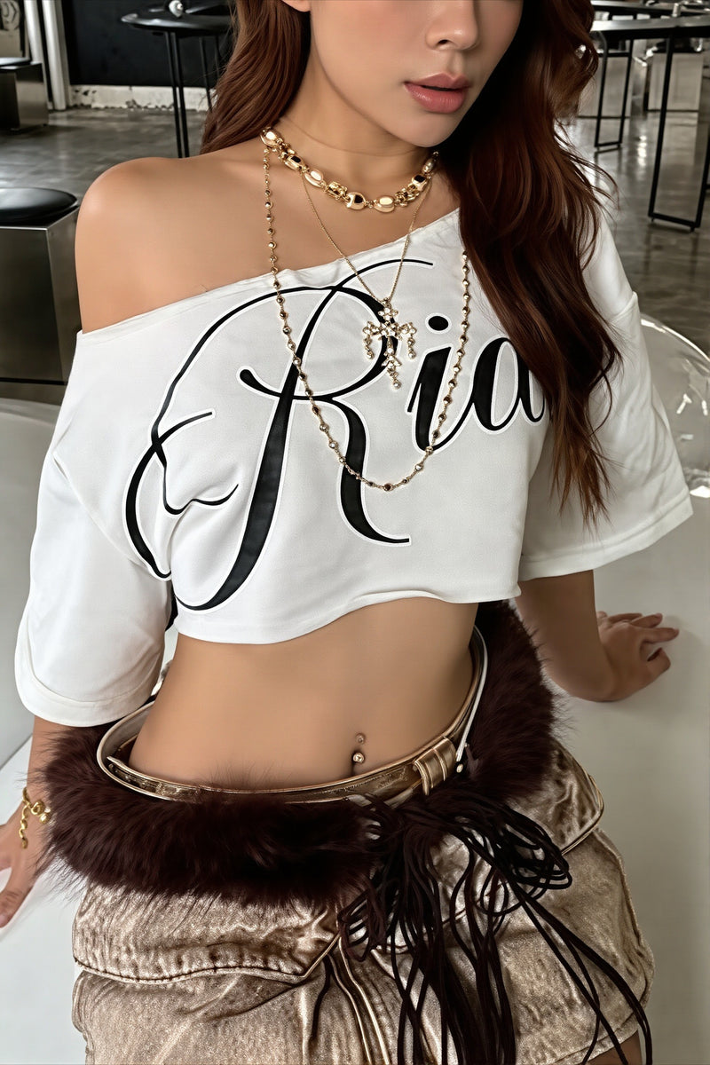 Casual Off Shoulder Cropped Print T-Shirt