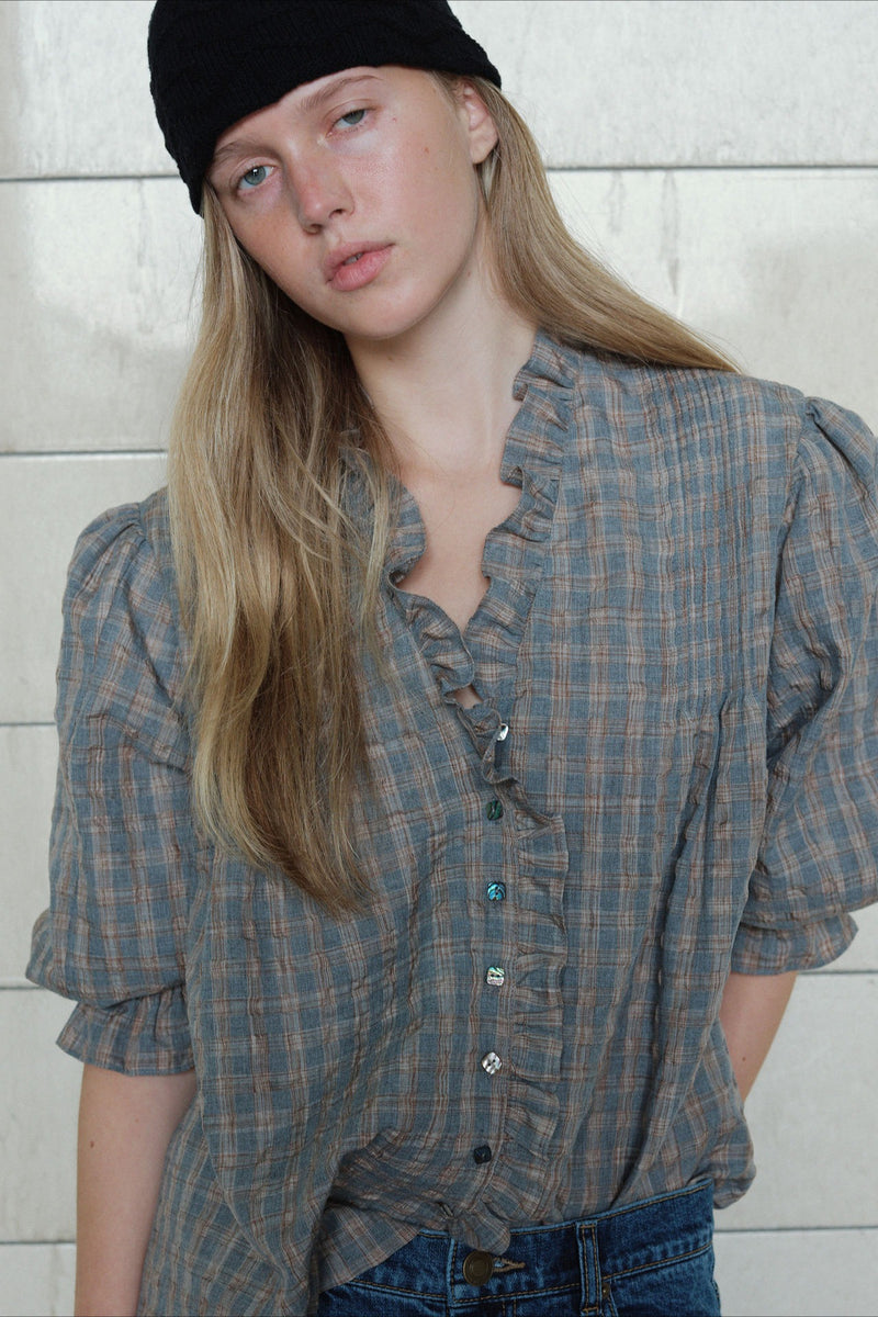 Casual Plaid Ruffle Long Sleeve Blouse