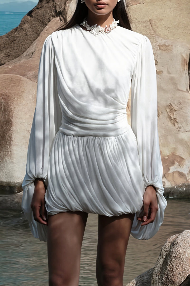 Casual Pleated Long Sleeve Mini Dress