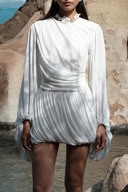 Casual Pleated Long Sleeve Mini Dress
