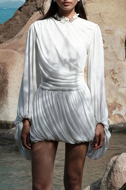 Casual Pleated Long Sleeve Mini Dress