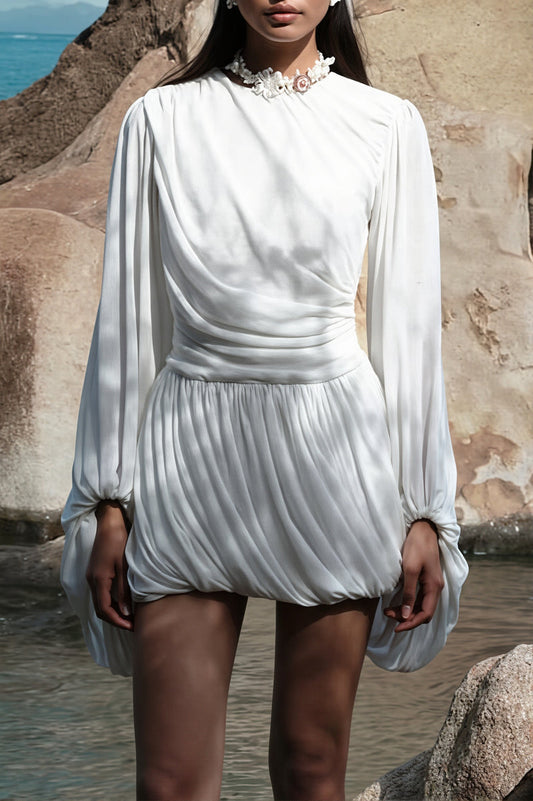 Casual Pleated Long Sleeve Mini Dress