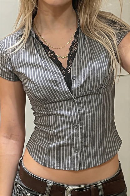 Casual Slim Lace Striped V Neck Blouse
