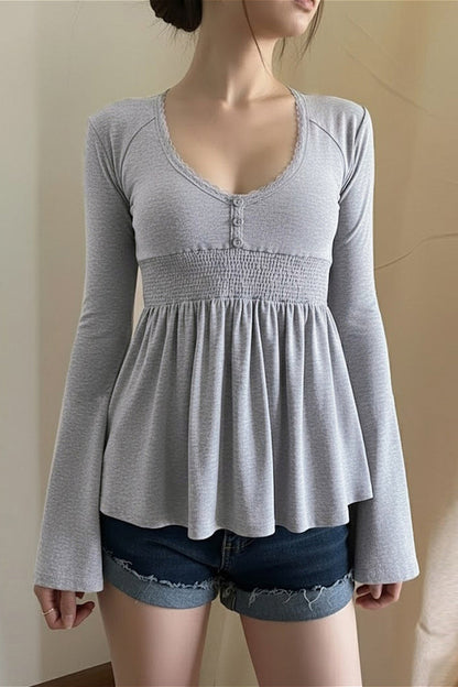 Casual Solid Deep V A Line Elastic Blouse