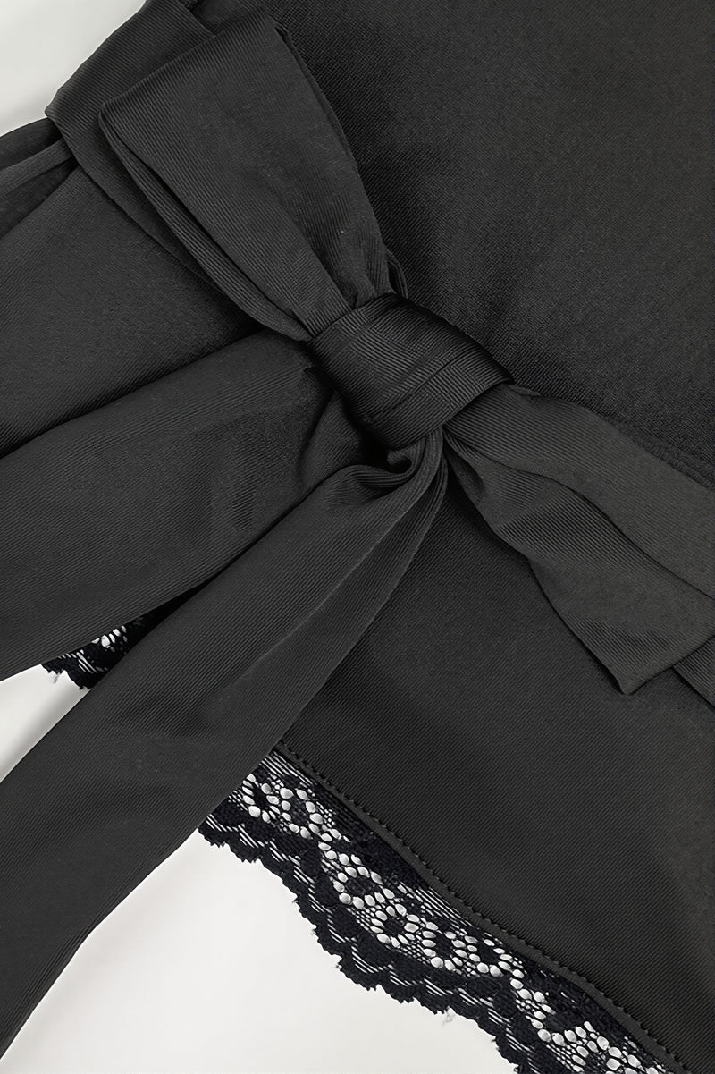 Casual Solid V Neck Lace Tie Blouse
