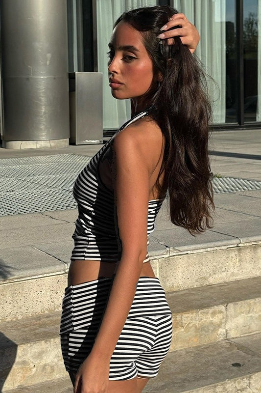Casual Striped Halter Cuff Hem Two Piece Set