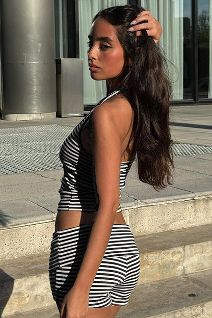 Casual Striped Halter Cuff Hem Two Piece Set