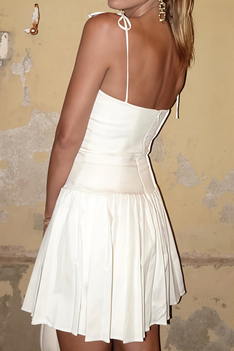 Casual White Tie Pleated Mini Dress