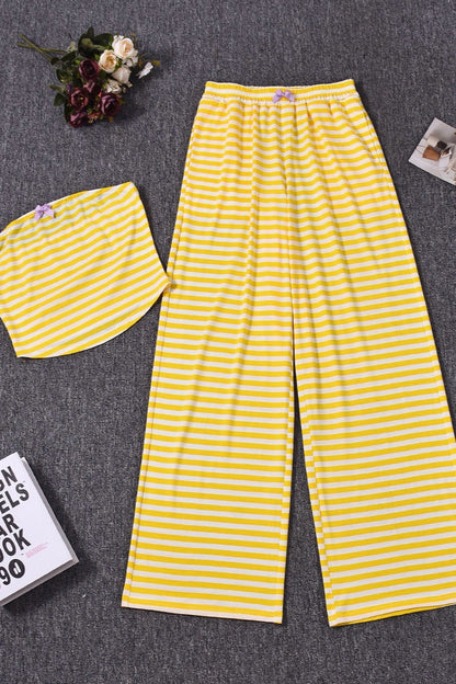 Casual Yellow Stripe Bow Two Piece Set