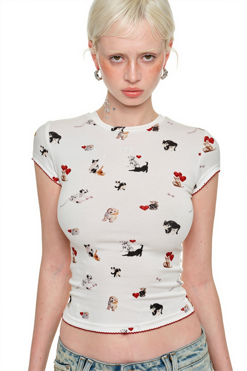 Cat Dog Print Stretchy Slim T-shirt