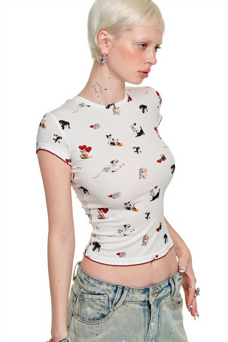 Cat Dog Print Stretchy Slim T-shirt