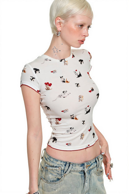 Cat Dog Print Stretchy Slim T-shirt