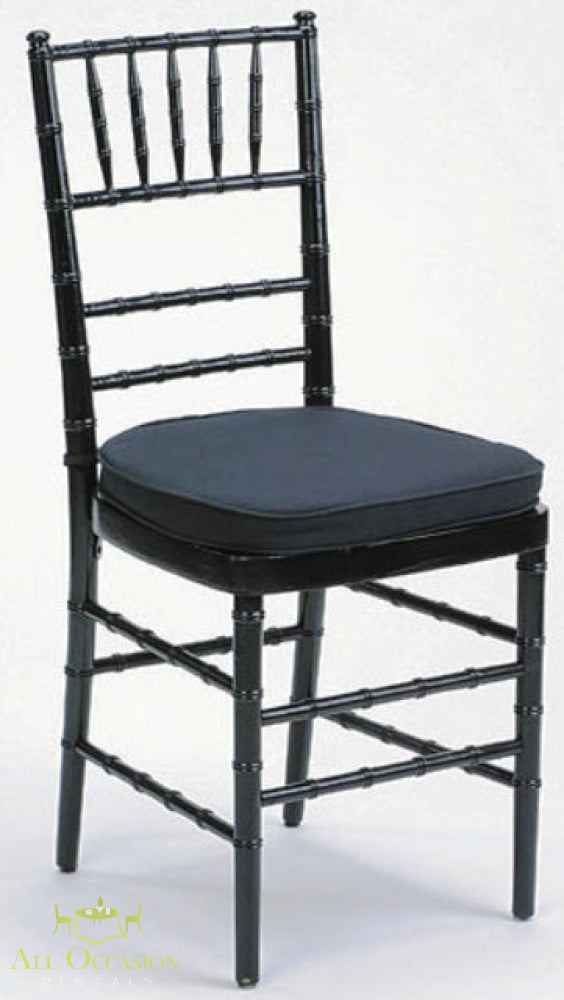 Chiavari chair in black with black cushion, ideal for weddings and events. Available through Corona event rentals.