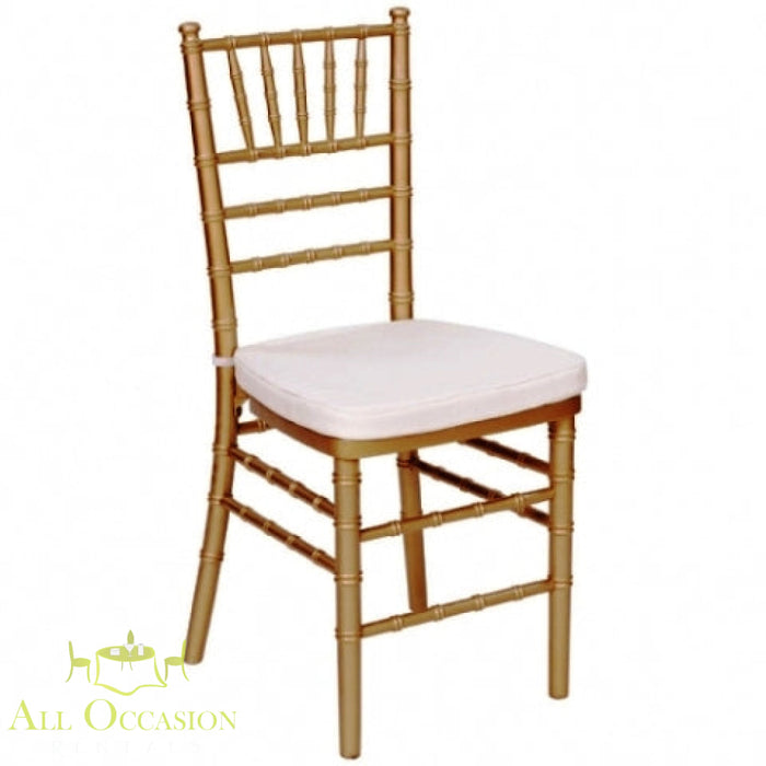 Chiavari chair gold with ivory cushion for gala and wedding rentals in Corona, perfect for elegant events.