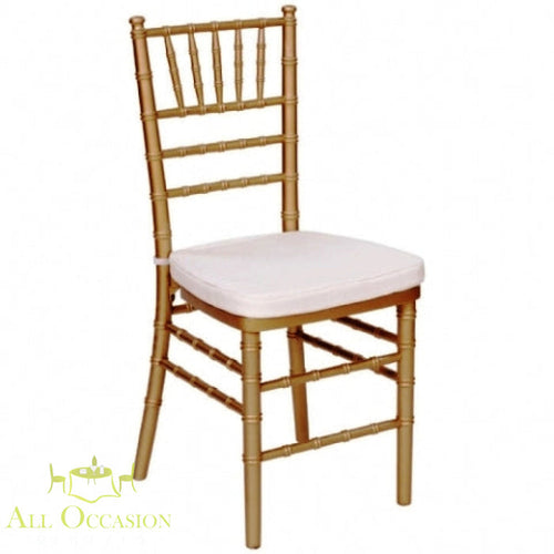 Chiavari chair gold with ivory cushion for gala and wedding rentals in Corona, perfect for elegant events.