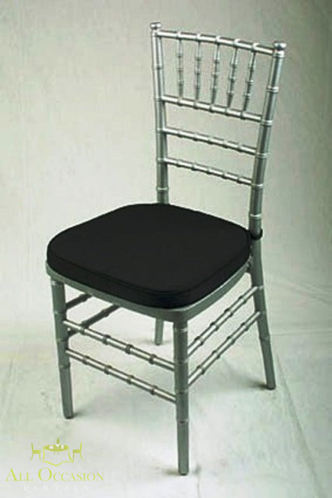 Chiavari chair silver with black cushion for elegant event rentals in Corona, perfect for weddings and special occasions.