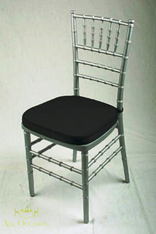 Chiavari chair silver with black cushion for elegant event rentals in Corona, perfect for weddings and special occasions.