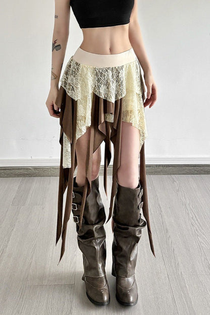 Chic Color Block Drape Tie Asymmetric Skirt