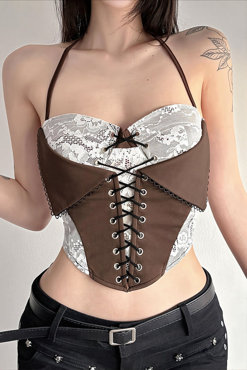Chic Color Block Lace Insert Tie Waist Backless Halter Top