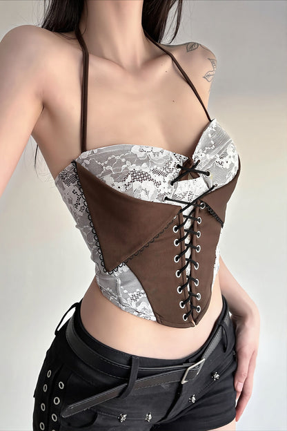 Chic Color Block Lace Insert Tie Waist Backless Halter Top