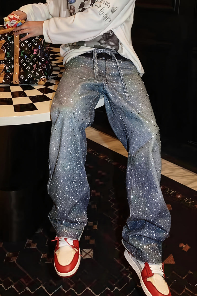 Chic Crystal Studded Washed Straight Jeans