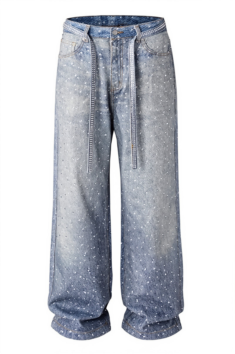Chic Crystal Studded Washed Straight Jeans