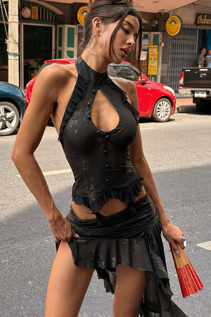 Chic Cut Out Halter Backless Asymmetric Crop Top Skirt Sets