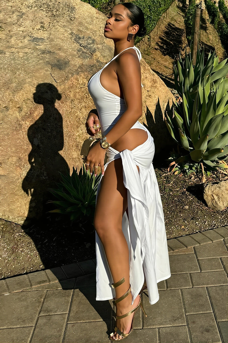 Chic Daily Back Sleeveless Bodysuit Split Skirt Two Piece Set