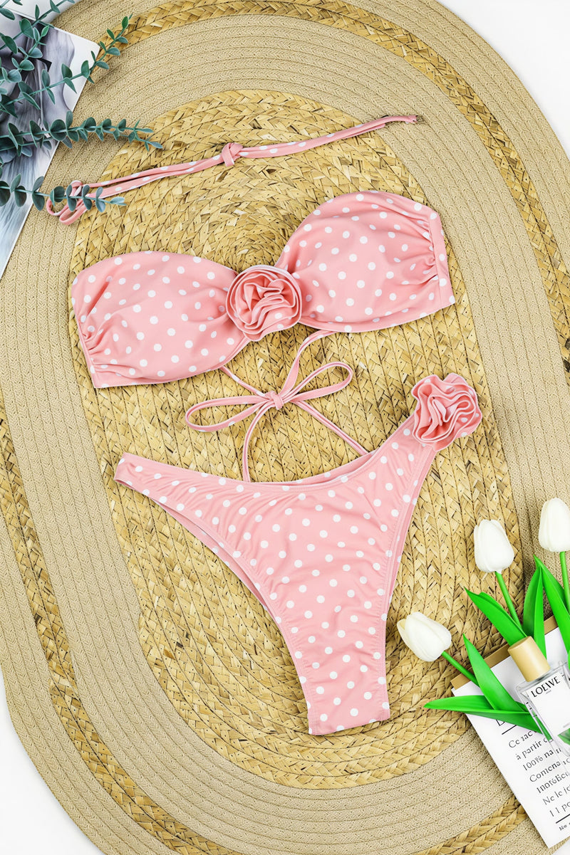 Chic Dot Print Floral Embroidery High Waist Bikini Sets