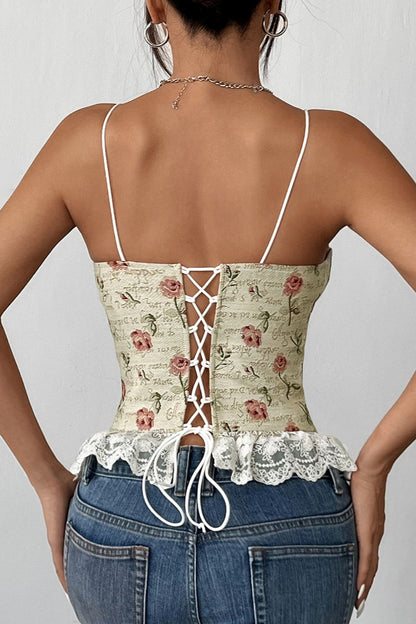 Chic Floral Jacquard Lace Insert Slim Cami Top