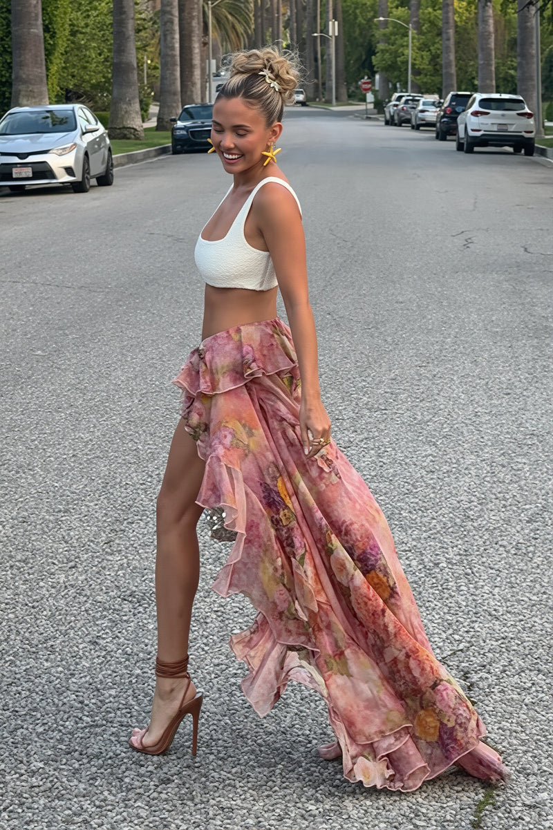 Chic Floral Print Double Ruffle Asymmetric Skirt