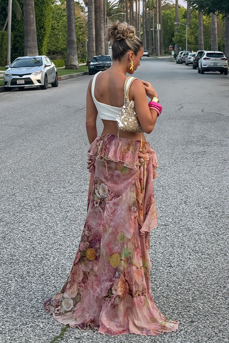 Chic Floral Print Double Ruffle Asymmetric Skirt