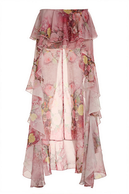 Chic Floral Print Double Ruffle Asymmetric Skirt